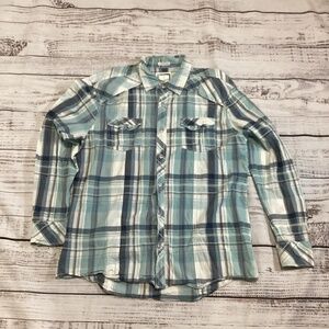 1638. BKE Men’s Pastel Blue, Turquoise & White Plaid Button-Up Shirt EUC XL 